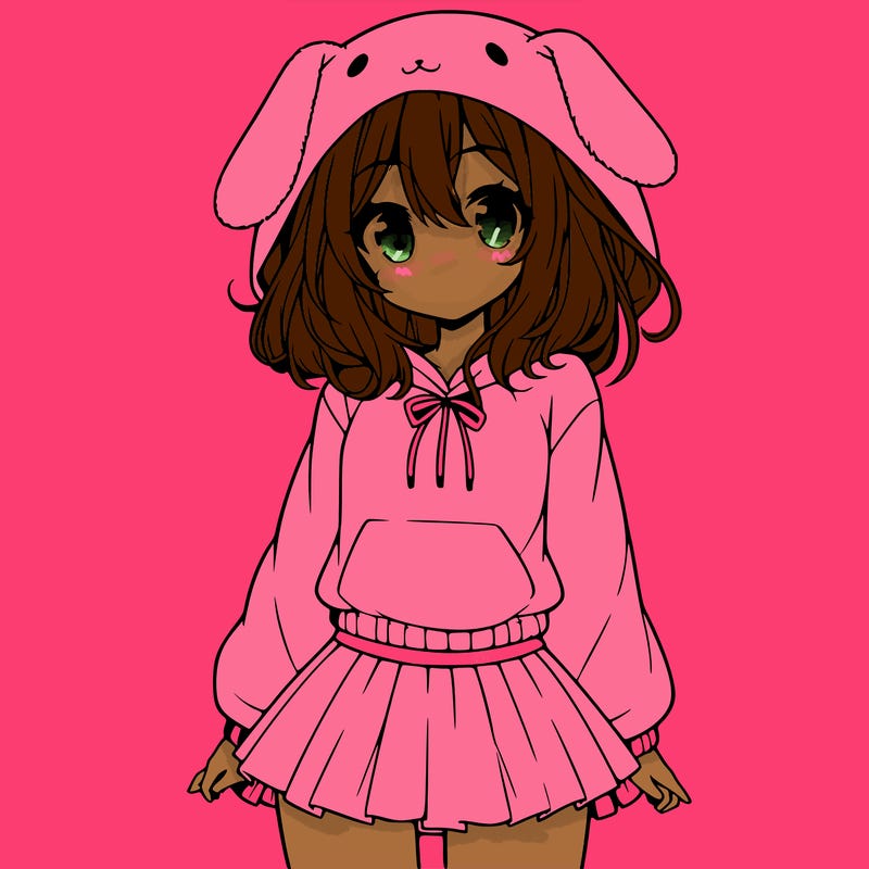 pretty anime girl wearing a fluffy hoodie with bunny ears on the hood and a skirt