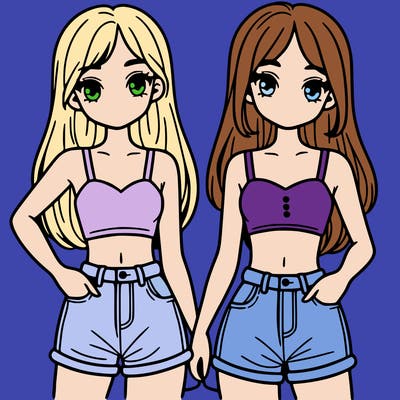 two sisters with crop tops and jean shorts and straight hair