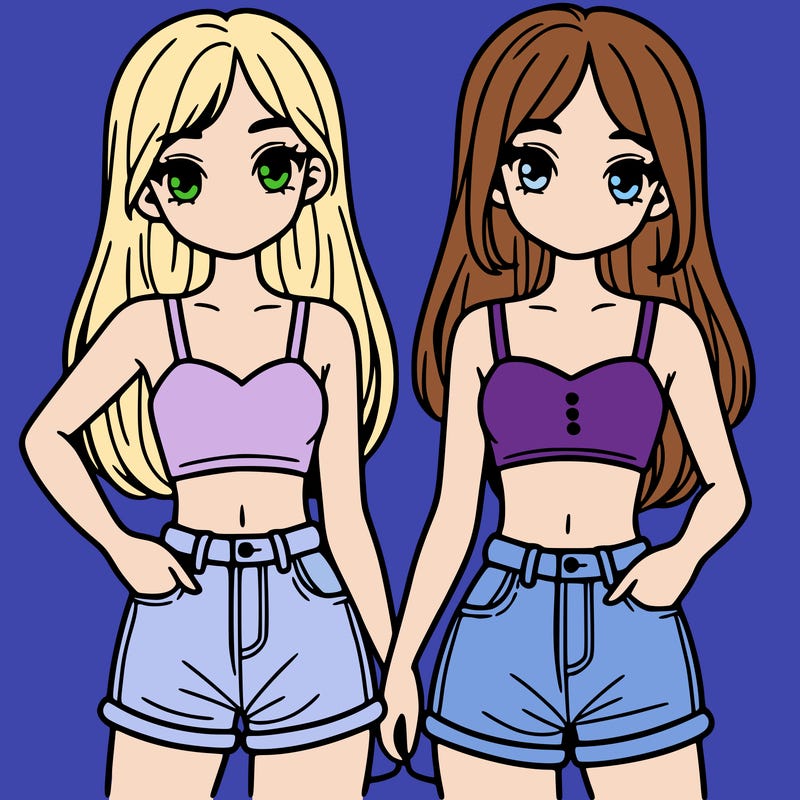 two sisters with crop tops and jean shorts and straight hair