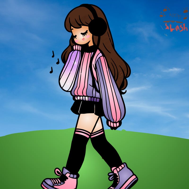 girl with leg warmers and long sweater and sneakers listening to music