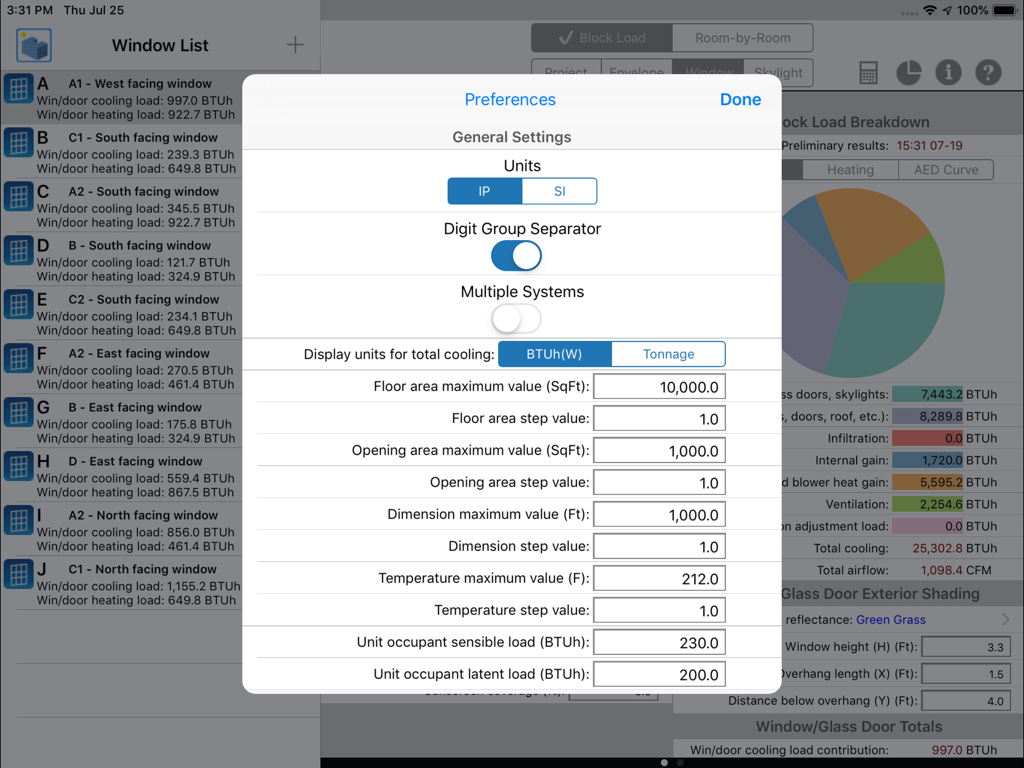 HVAC ResLoad-J - Preferences menu in the HVAC ResLoad-J app on iPad showing unit selection and calculation settings.