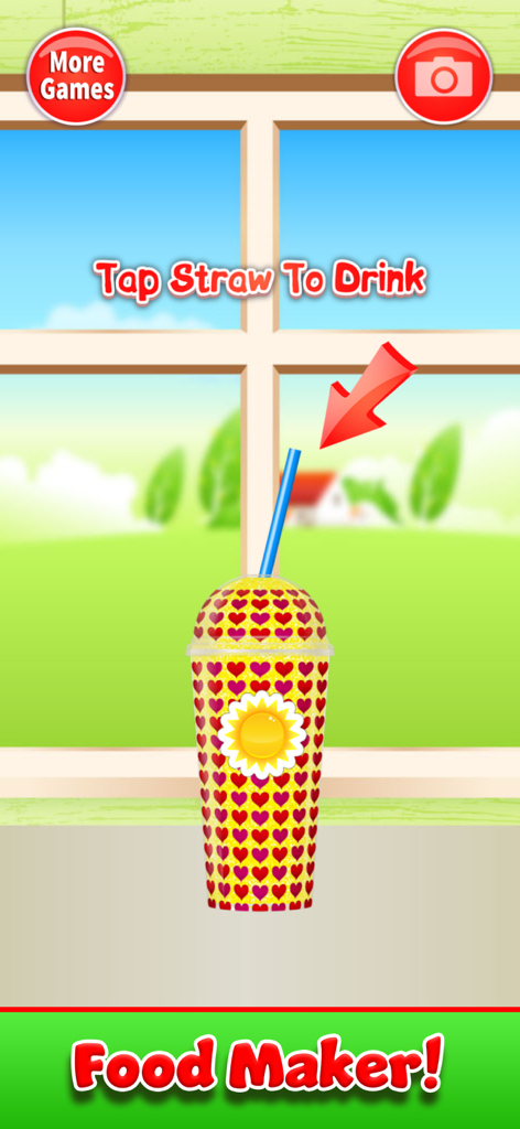 Um copo de slushy decorado com estampas de coração e um adesivo de sol com um canudo azul e uma instrução para tocar e beber.