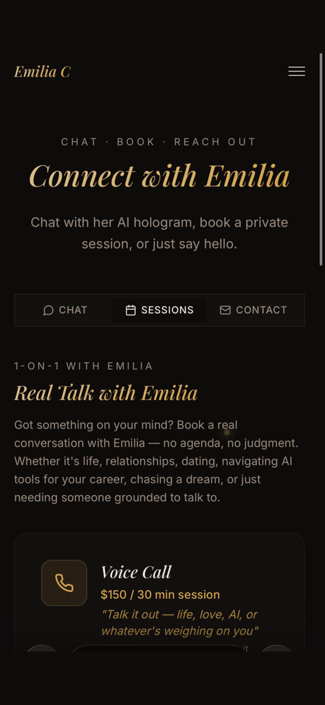 Emilia C - Captura de pantalla de la interfaz de la app de Emilia C mostrando opciones para conectarse con la artista a través de chat IA o reservando sesiones privadas de llamadas de voz.