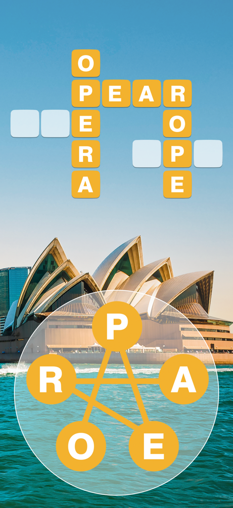 World of Wonders - Word Search - Jugabilidad de sopa de letras con una cuadrícula de crucigrama sobre una foto de la Ópera de Sídney