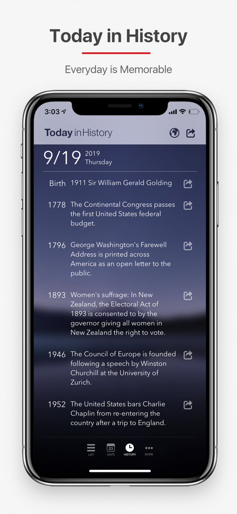 Days Matter Air - Countdown - Pantalla de smartphone que muestra eventos históricos del 19 de septiembre en la función 'Hoy en la Historia' de la aplicación Days Matter Air