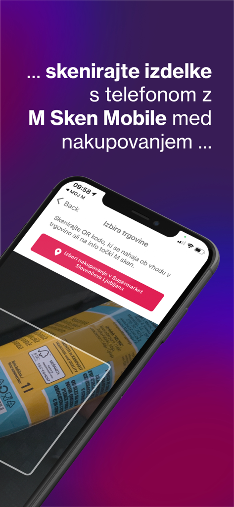 Un smartphone usando la aplicación MOJ M para escanear el código de barras de un producto con la función M Sken Mobile mientras compra.