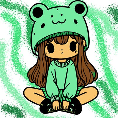 a girl wearing a frog hat and some frog socks