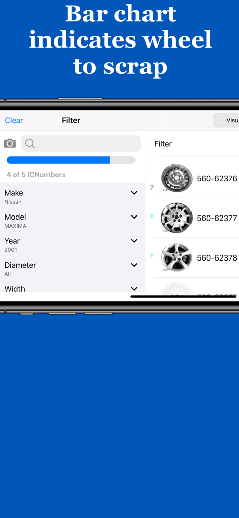 WheelSpotter - Interface de l'application WheelSpotter montrant un diagramme à barres indiquant s'il faut mettre au rebut une roue en fonction de sa valeur.