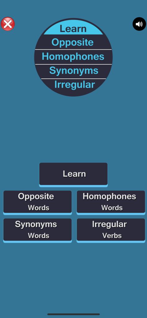 Opposite Words Learning - 反対語学習アプリのメインメニュー画面。反対語、同音異義語、類義語、不規則動詞の学習用ボタンが表示されています。