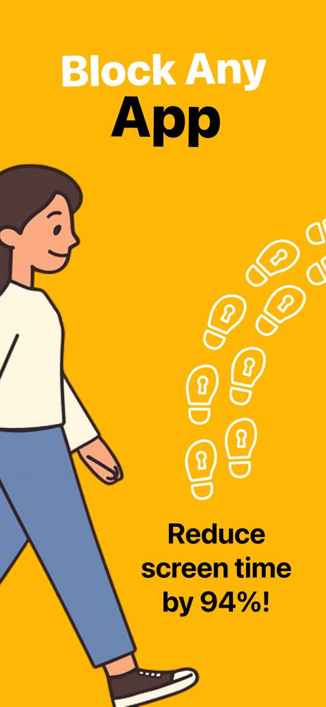An illustration of a woman walking with keyhole footprints to unlock apps and reduce screen time.