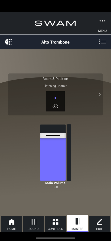 Master controls interface for SWAM Alto Trombone app featuring room simulator and main volume slider