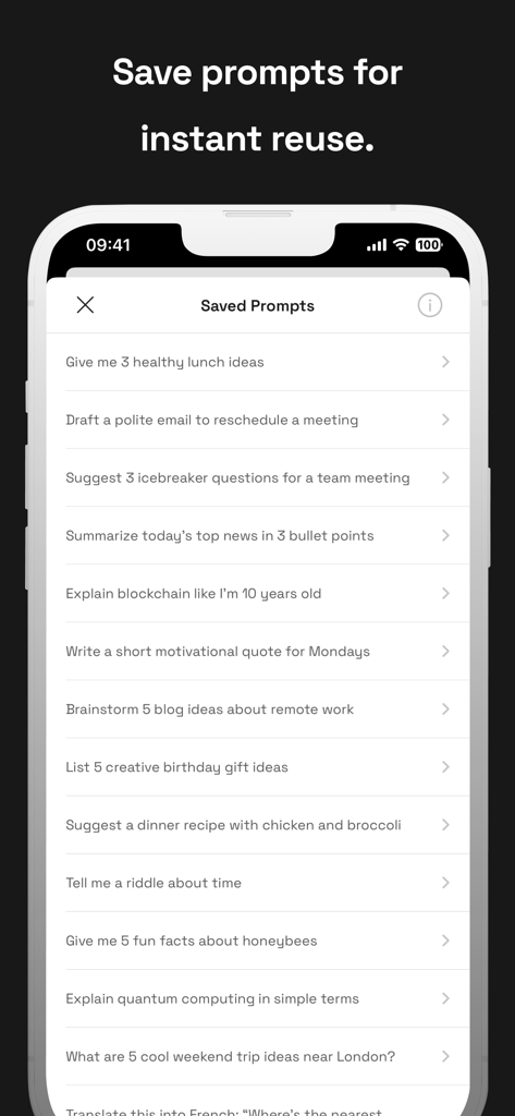 Apollo: Multi-Model AI Chat - A screen showing a list of saved prompts for reuse in the Apollo AI Chat app