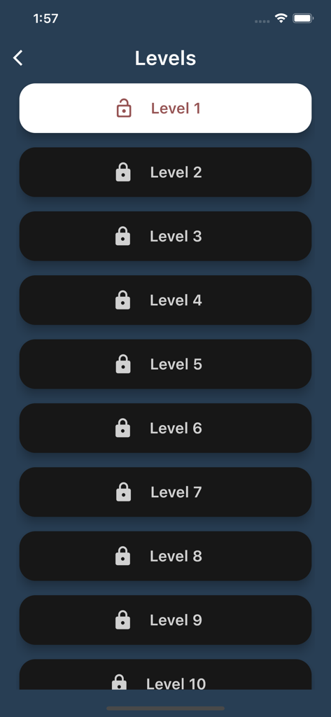 Memory Games: Match Pairs Card - Level selection menu for the Memory Games Match Pairs Card app showing levels one to ten