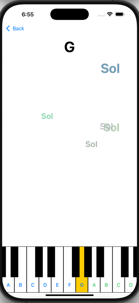 Piano Play - the easy way - Um teclado de piano no aplicativo Piano Play destacando a tecla Sol e mostrando o nome da nota Sol.