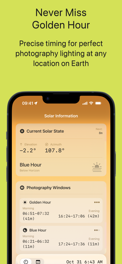 Interfaz de la app Sunio mostrando información solar y tiempos precisos para la hora dorada y la hora azul de la fotografía