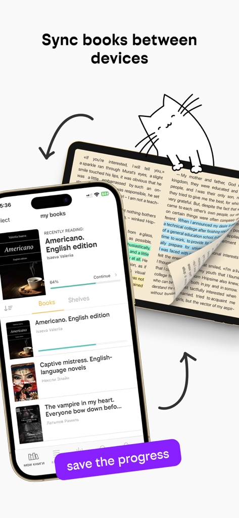 Smartphone and tablet displaying book synchronization in the Beeline Books app