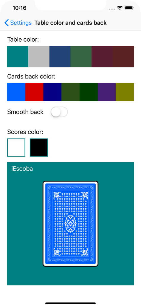 Pantalla de ajustes de la aplicación iEscoba para la personalización de la mesa y el color del reverso de las cartas.