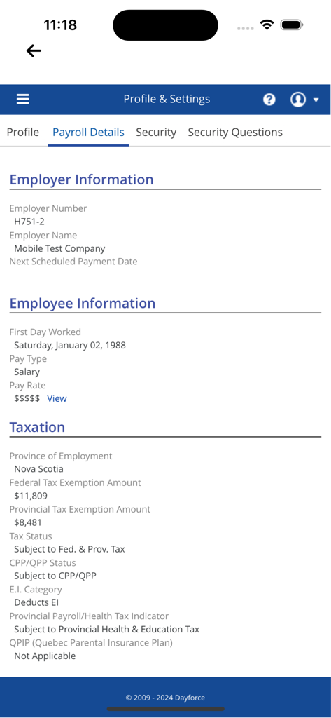Screenshot of the Payroll Details screen in the Powerpay Self Service app showing employee information and taxation details.