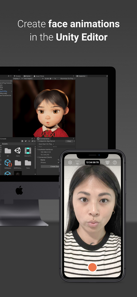 Unity Face Capture - A demonstration of real-time facial motion capture from an iPhone to a 3D character avatar within the Unity Editor