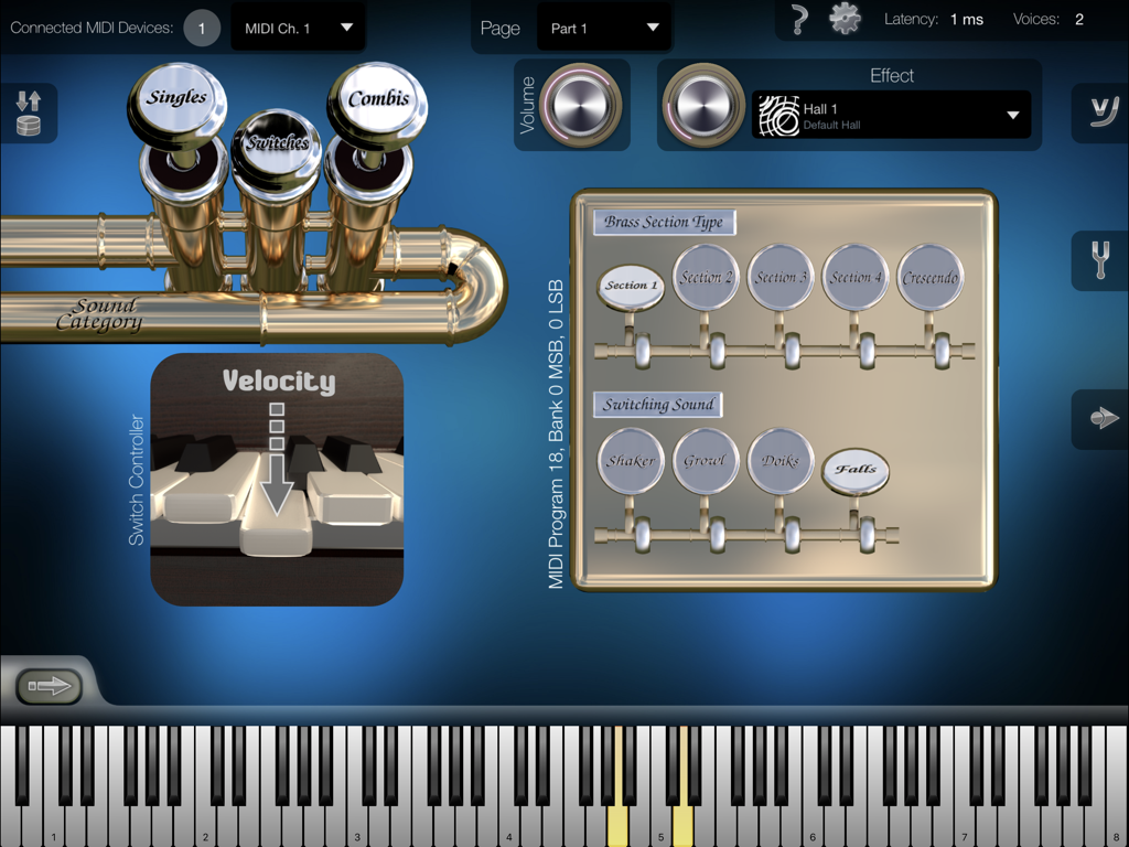 Heavy Brass mobile app interface showing brass instrument articulation settings and a virtual keyboard.