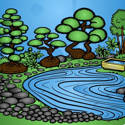 a serene zen garden with raked gravel, bonsai trees, and tranquil ponds