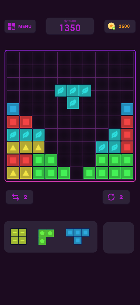 Block Puzzle - Puzzle Games * - Una captura de pantalla del juego de Block Puzzle en una cuadrícula de 10x10 con tema oscuro y bloques coloridos