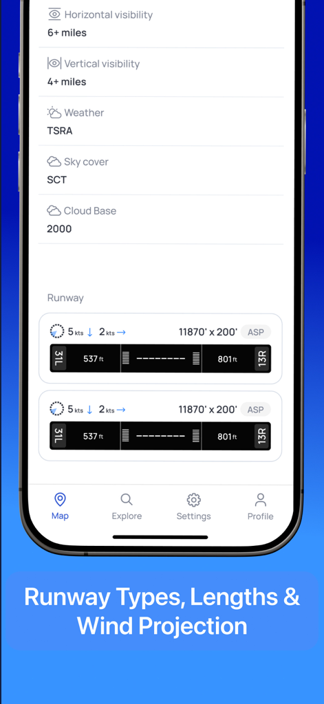 Aviation weather app interface displaying runway dimensions and wind projection data
