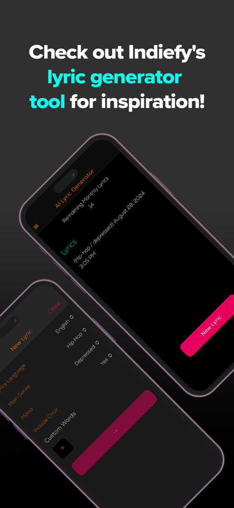 Strumento di generazione di testi AI nell'app Indiefy per ispirazione nella scrittura di canzoni con filtri di genere e umore