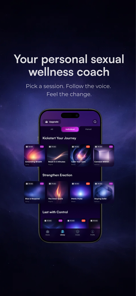 Oryn: Mindful Connection - Oryn mobile app interface showing various personal sexual wellness coaching sessions