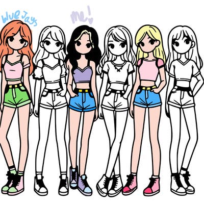 a group of girls wearing crop tops and shorts