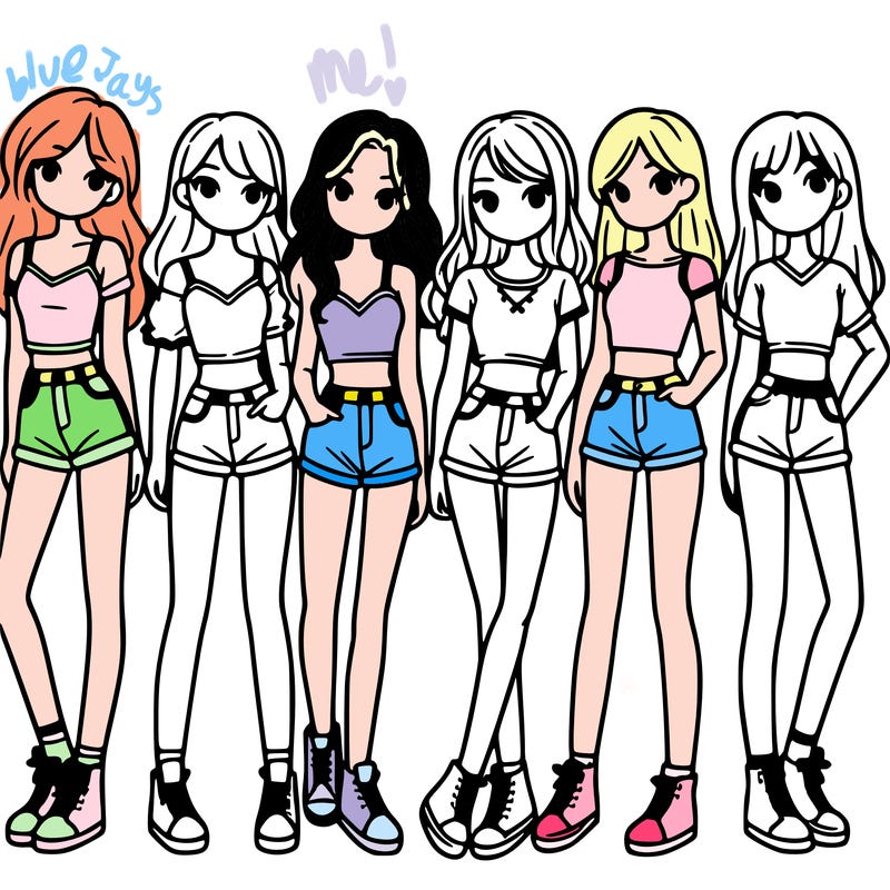 a group of girls wearing crop tops and shorts