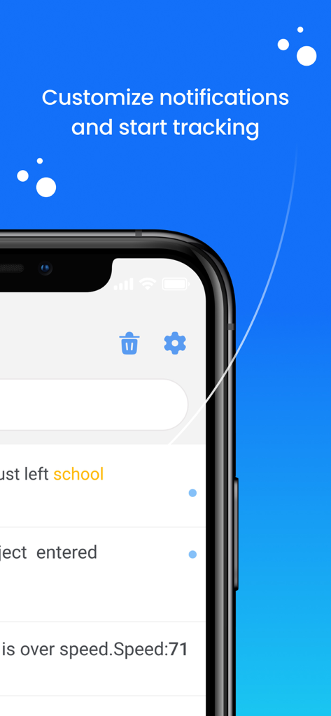 NaviMax - Location sharing - Smartphone interface displaying custom location notifications and tracking alerts for school arrival and vehicle speed