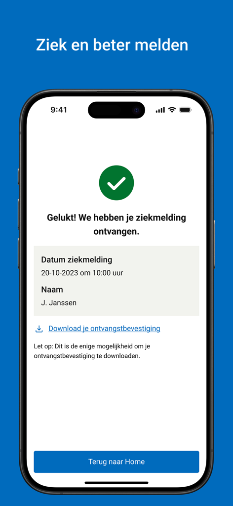 UWV - Confirmation screen in the UWV app for a successful sickness report.