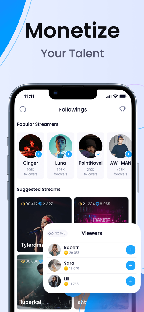 A smartphone displaying the Plamfy app interface with popular streamers and suggested live broadcasts.