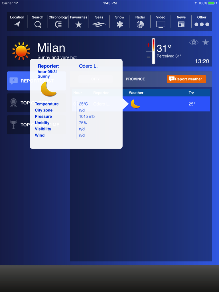 App Meteo HD per iPad che mostra le previsioni meteo di Milano e dati in tempo reale del reporter