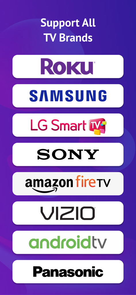 TV Remote - Universal Control• - Graphic showing supported smart TV brands including Roku Samsung LG Sony Amazon Fire TV Vizio Android TV and Panasonic
