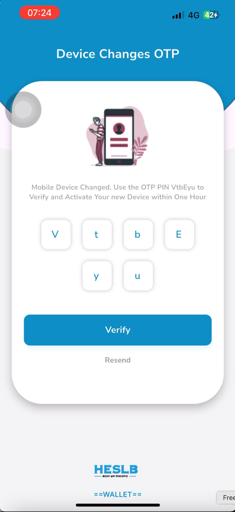 Device change OTP verification screen on the HESLB Tanzania mobile app