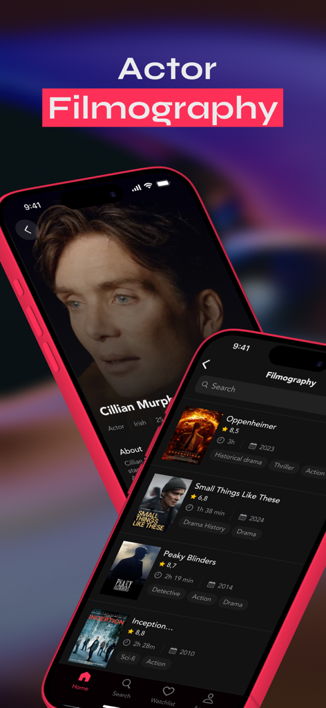 ClipFix app screen showing Cillian Murphy filmography with movie titles like Oppenheimer and Peaky Blinders