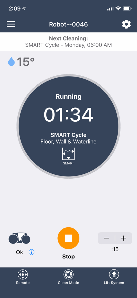 Mobile interface for controlling a robotic pool cleaner showing status and cleaning cycle details