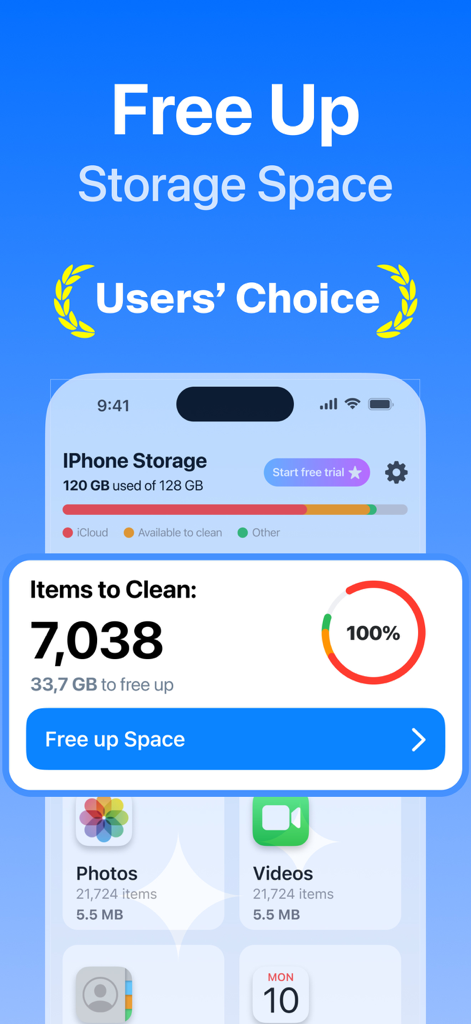 iCleaner Kit - Free Up Storage - Interfaccia dell'app mobile di iCleaner Kit che mostra lo stato dello spazio di archiviazione di un iPhone e un pulsante di pulizia intelligente per liberare spazio