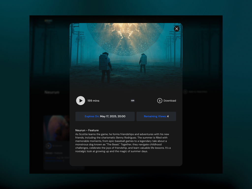 Detailed view of the film Neurun on the STARZ FYC app including synopsis and viewing expiration.