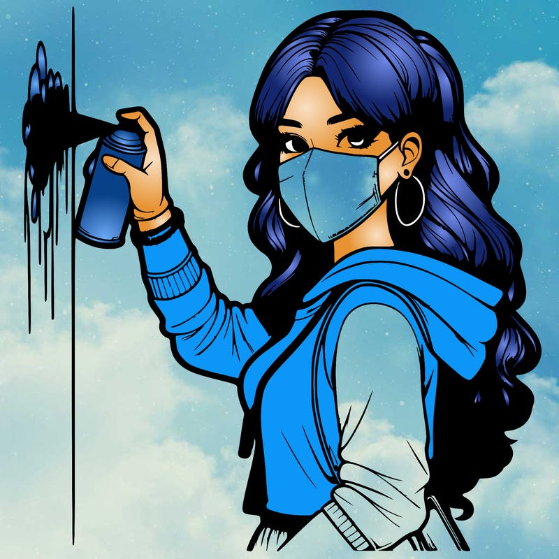 realistic girl with mask spray painting a wall