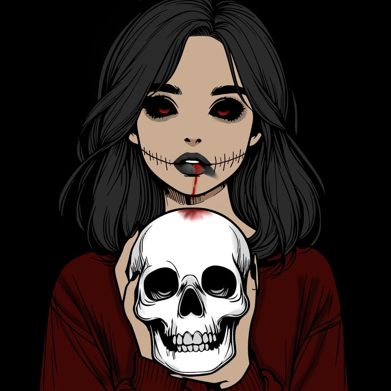 realistic girl holding a skull