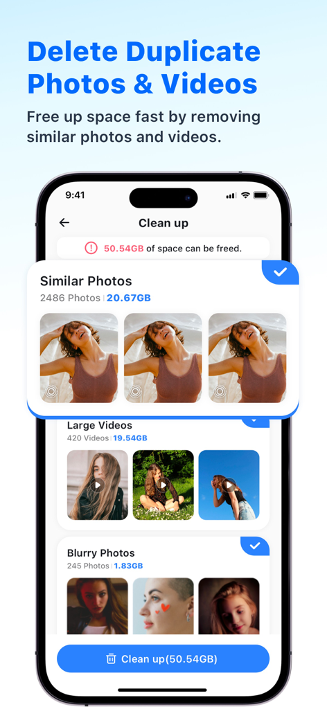 Interface showing the deletion of duplicate and blurry photos to free up mobile storage