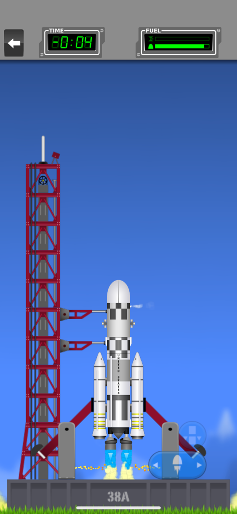 Space Agency - A rocket launching from a launchpad with a red tower in the Space Agency simulation game.