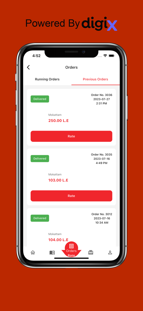 City Crepe - City Crepe 모바일 앱 화면으로 배달 상태 및 가격이 포함된 이전 음식 주문 목록 표시