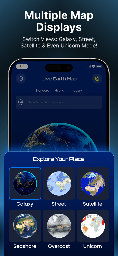 Interface of Globe 3D Earth app showing multiple map display options including Galaxy Street and Satellite views.