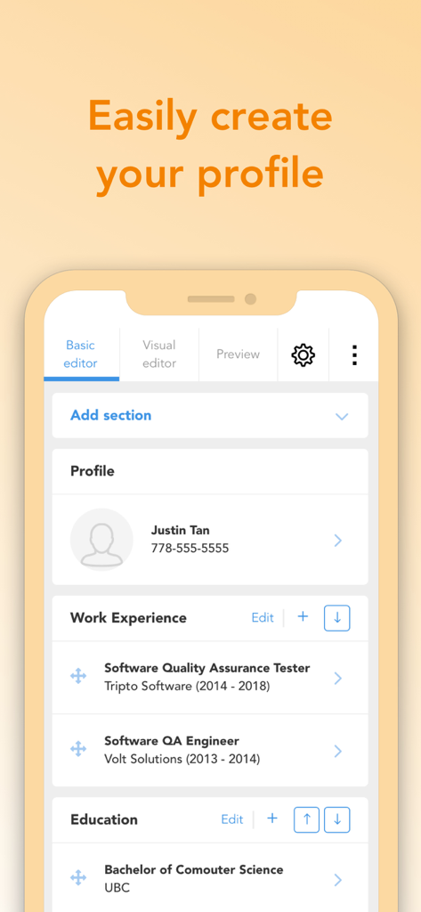 Interface de l'application VisualCV montrant un éditeur de profil mobile avec des sections pour l'expérience professionnelle et l'éducation.