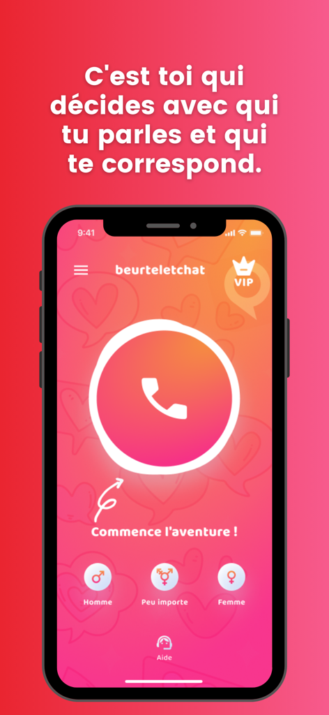 Interface de l'application mobile Beurteletchat avec un bouton d'appel vocal central et des filtres de genre pour rencontrer de nouvelles personnes