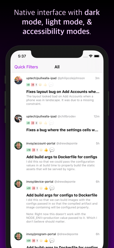 Pullwalla for Bitbucket GitHub - Pullwalla app interface on iPhone showing a list of unified pull requests with developer profiles and diff stats